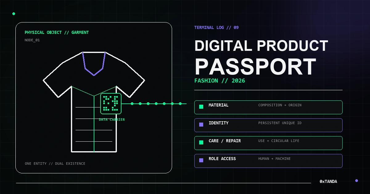 Diagram Digital Product Passport yang menghubungkan garmen, data carrier, identitas, material, perawatan, dan akses berbasis peran